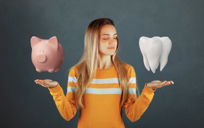 Woman thinking about money and teeth.